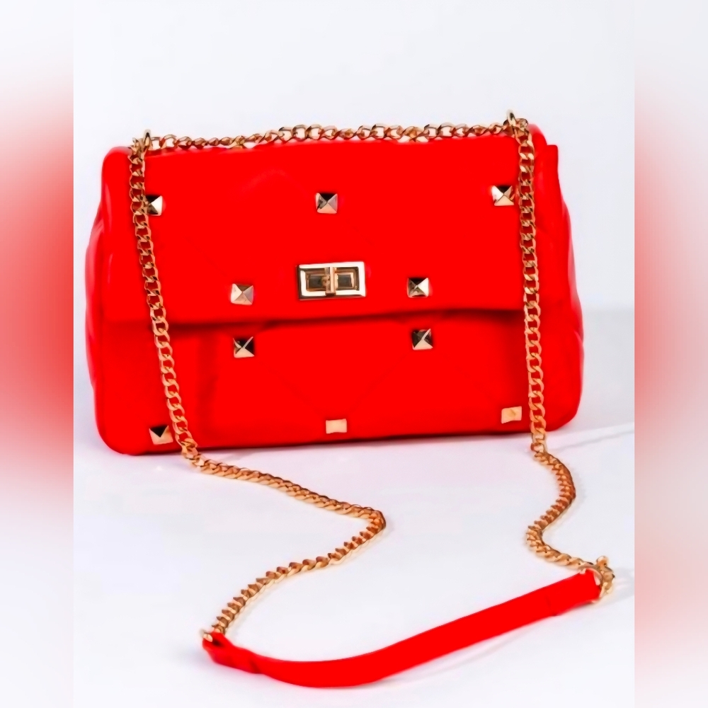 Red Quilted Studded Chain Shoulder Bag